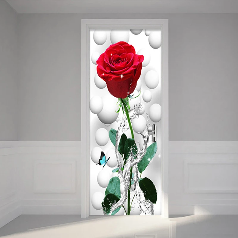 Us 14 1 37 Off Modern Sederhana Bunga Mawar Merah Wallpaper 3d Pintu Dinding Mural Pvc Perekat Diri Tahan Air Ruang Tamu Kamar Tidur Wallpaper