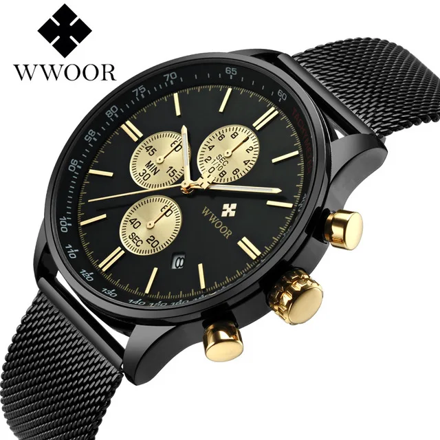 

WWOOR Luxury Brand Men Watch Business Casual Stainless Steel mesh Band Men Chronograph Sport Watch Fashion Quartz clock relogio