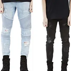 Новые поступления модные мужские потертые рваные джинсы прямые винтажные потертые джинсовые брюки на молнии уличные байкерские брюки