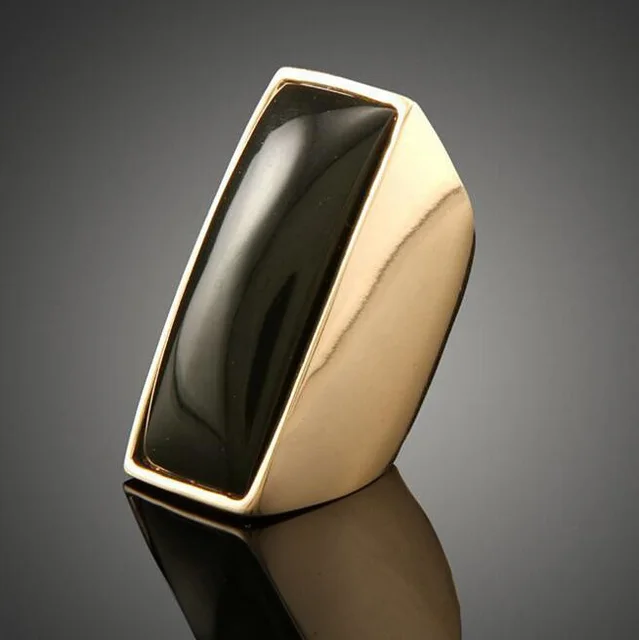 New Arrival Fashion Wide Black Imitation Gem Stone Gold Color Men Women Finger Rings Wedding Jewelry