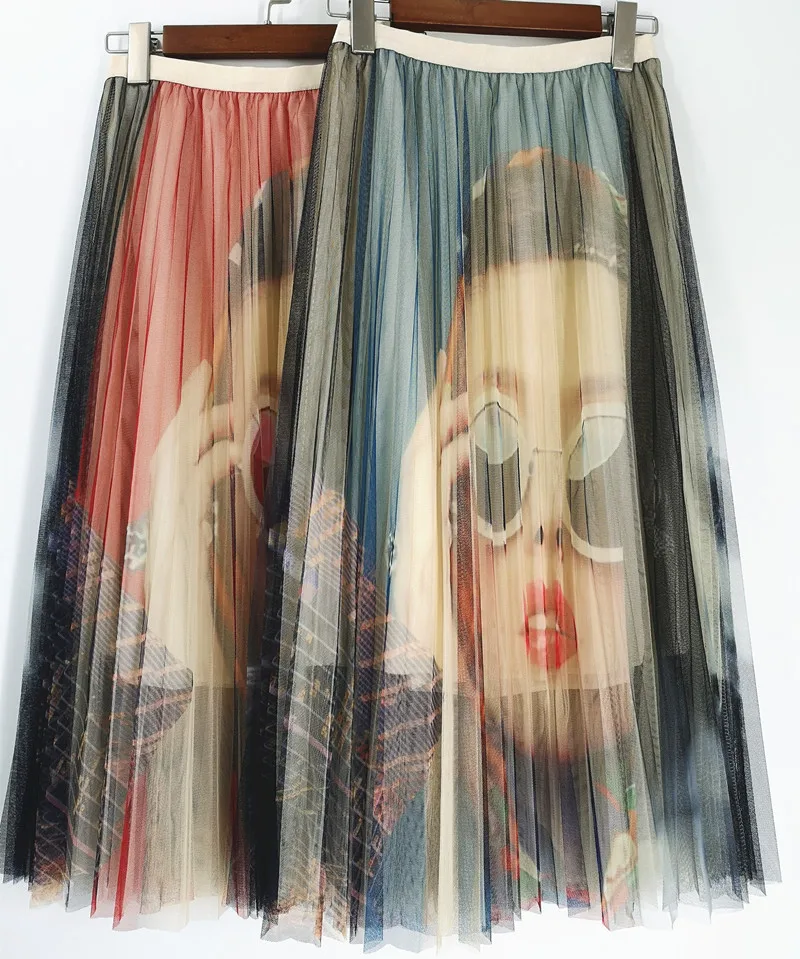 

Red Sunglasses Girl Avatar Printing Long Pleated Tulle Skirt Korean Style Women High Waist Mesh Harajuku Skirt