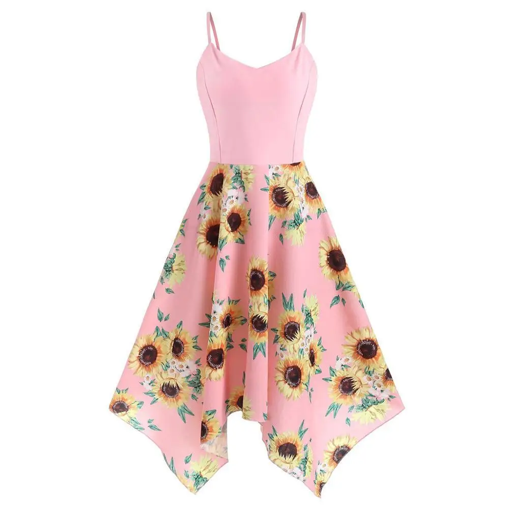  2019 Plus Size Summer Dress Women Fashion Ladies Sunflower Print Asymmetric Camis Handkerchief V-ne