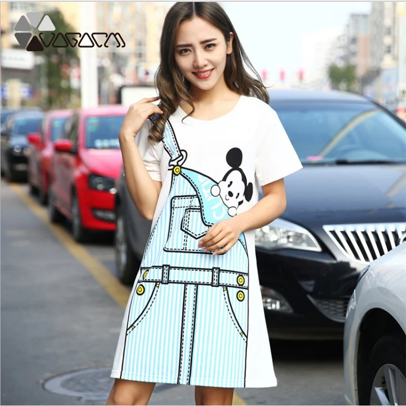 

Women Summer Dress Cute Cartoon Print Mickey Mouse Fake Two Pieces Plus Size Dress Short Sleeve Casual Streetwear Dresses