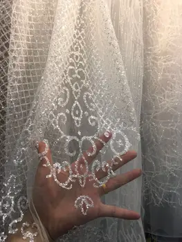 

Newest yaking-156 african sequins tulle mesh fabric sparkly glued glitter sequins lace fabric