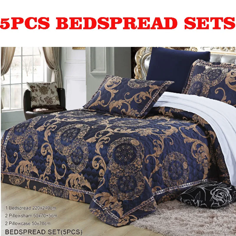 

Cotton Palace Quilted comforter queen 5pcs embroidery bedspreads jacquard Bedcover soft and luxury blue coverlet set