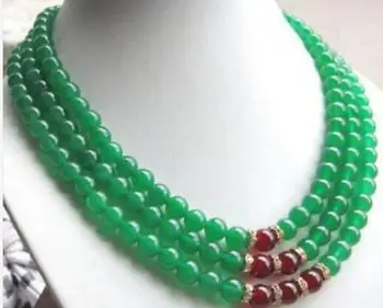 

free shipping CHARMING Triple strands AAA 8MM GREEN RED NECKLACE