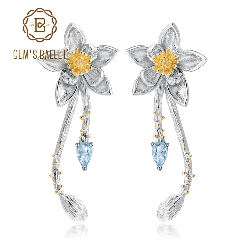 

GEM'S BALLET Natural Swiss Blue Topaz 925 Sterling Silver Handmade Delicated Plum Blossom Flower Dangle Earrings for Women