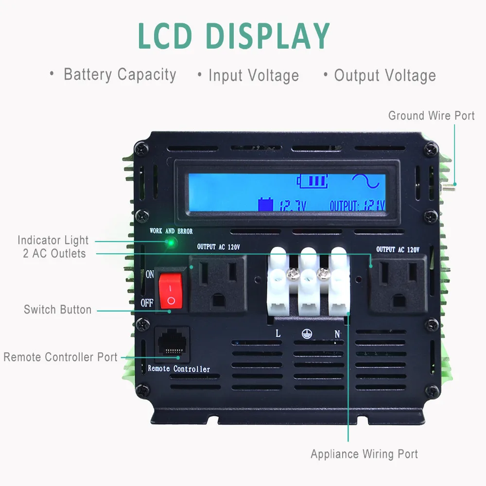 Стандарт США 12 В 110 в 120 В чистая синусоида инвертор 2500 Вт 5000 Вт пик 60 Гц преобразователь с пультом дистанционного управления