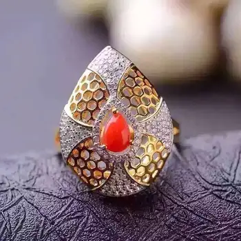

Fidelity Natural red coral Ring s925 sterling silver Natural red gemstone hollow ring personality fine Jewelry for women