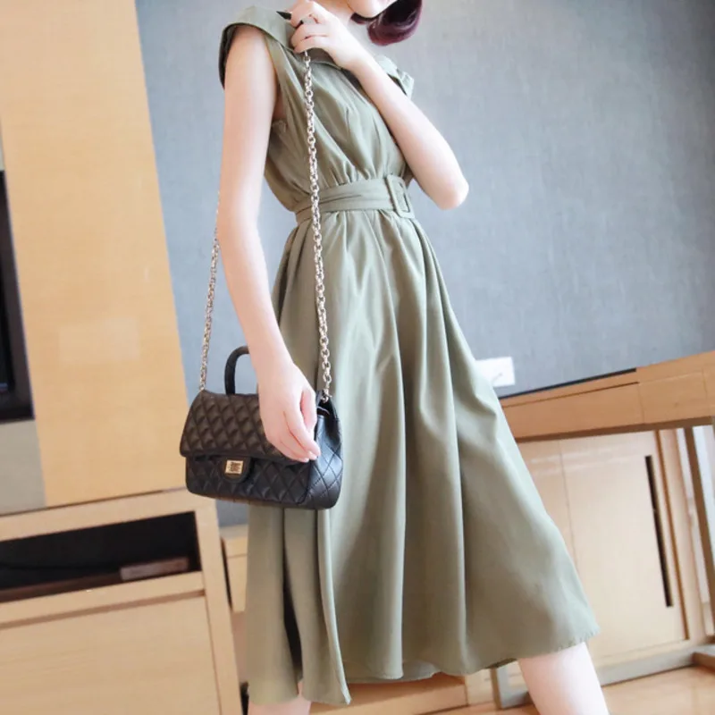 

LANMREM 2019 Summer New Casual Fashion Temperament Women Loose Plus Stitching Mesh Round Neck Chiffon Belt Dress TC720