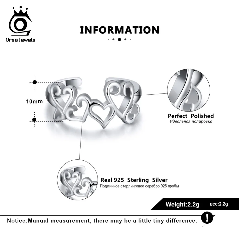 ORSA JEWELS Luxury 925 Real Sterling Silver 10MM Hollowed Sweet Heart Adjustable Ring Love Female Wedding Party Jewelry SR106