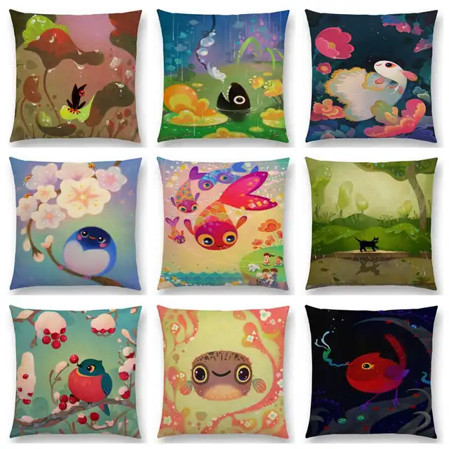 303 33 De Réductiondessin Animé Mignon Animaux Pastel Fleurs Belle Oiseau Doux Nid Intéressant Poisson Chat Grenouille Renard Housse De Coussin