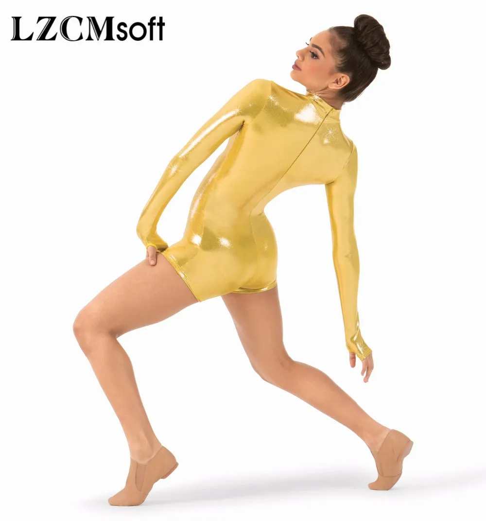 LZCMsoft Shiny Metallic Long Sleeve Biketards One Piece Wet Look Bodysuits Mock Neck Women Gymnastics Stage Performance Costumes