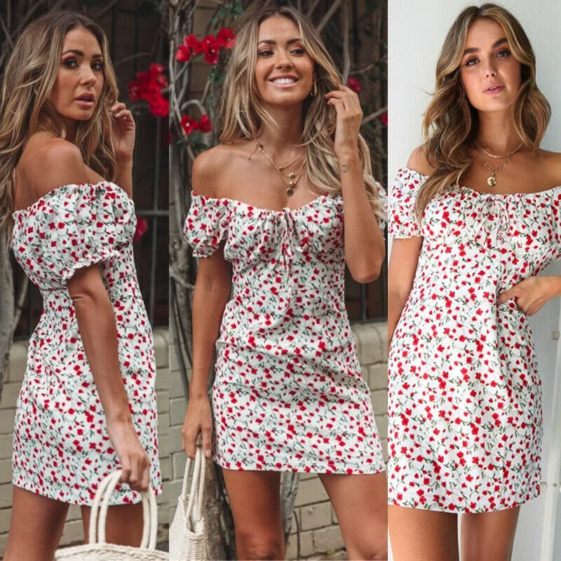 

Women Summer Boho Casual Dress Ladies Floral Print Short Sleeve Mini Dresses Female Evening Party Beach Off Shoulder Dresses
