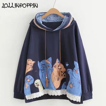 

Harajuku Ladies Fishbone & Cartoon Cats Printed Cute Hoodies Women Kawaii Hooded Sweatshirts Lace Bottom Loose Fit
