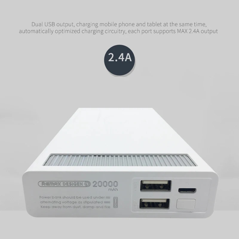 Remax power Bank Быстрая Зарядка выход 2.4A Dual Usb bank 20000 мАч портативный внешний