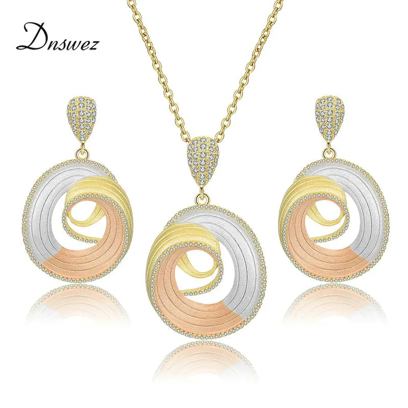 

Dnswez 3 tones Gold Round Water Ripple Shape Jewelry Sets for Women New Fashion Sand Blast Frosted Necklace Earrings Sets Gift
