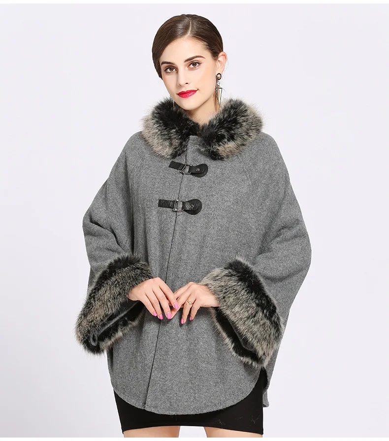 2018 Solid Women Faux Rabbit Fur Collar Cardigan Winter Warm Thick Long Batwing Sleeves Poncho Plus Size Ladies Hairy Coat