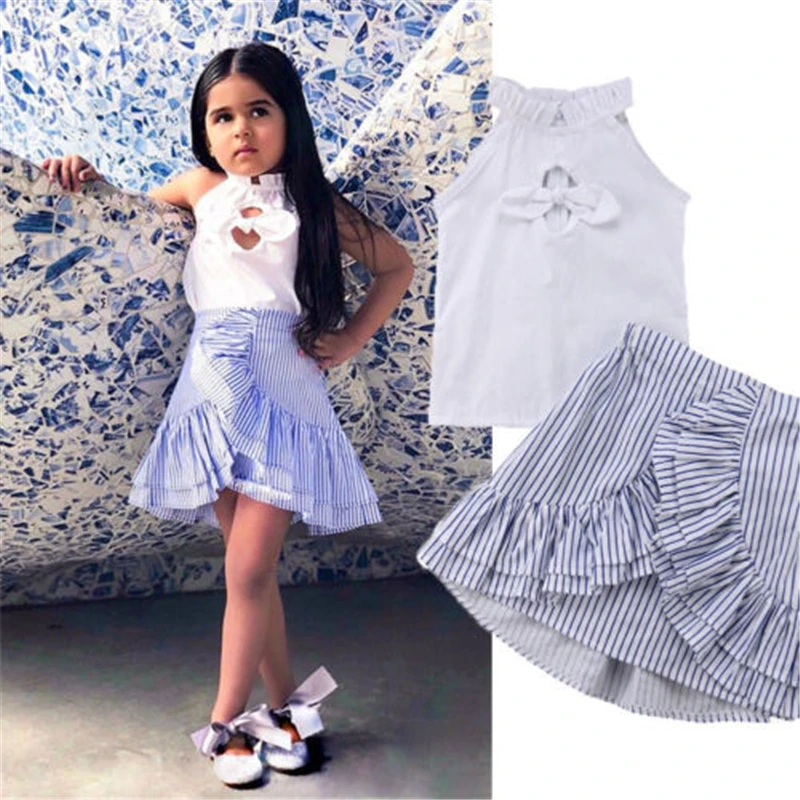 2PCS Toddler Kid Baby Girls Summer White T shirt Tops&Stripe Skirt