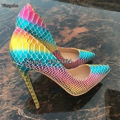 New Pointed Toe Shoes Women Colorful Rainbow Snake Printed Pumps 8/10/12cm High Heels Genuine Leather Stilettos Women Shoes