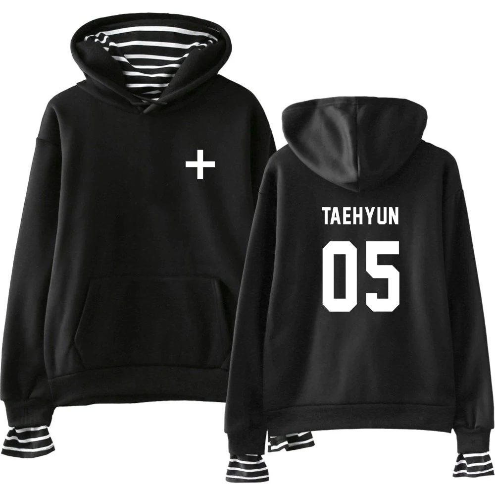 Hoodies da Forma para Mulheres Comprida com Capuz da Camisola 2020 de Venda Amanhã Juntos Falso Duas Peças Manga Quente Kpop Hoodies Streetwear Txt x 8 Hoodies Da Forma Das Mulheres Manga Comprida