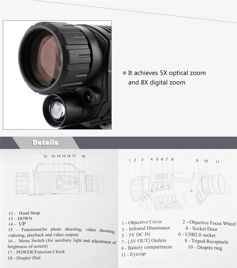 Telescópio monocular da visão noturna 5x40, monocular