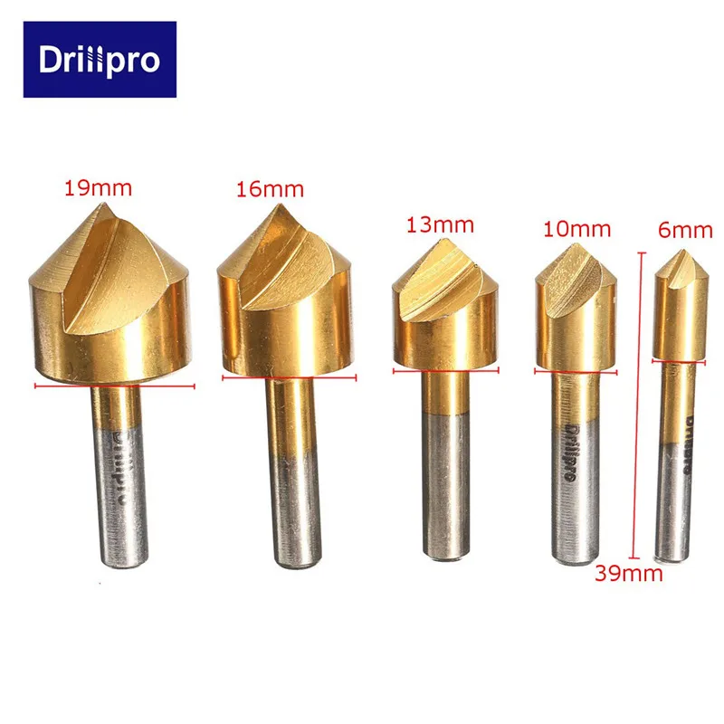  5pcs/set Metric Woodworking Countersink Drill Bit 90 Degree Single Flute Edge Chamfer 6mm-19mm High