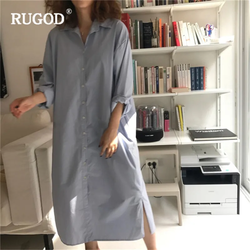 Женское Повседневное платье рубашка RUGOD однотонное длинное офисное в Корейском
