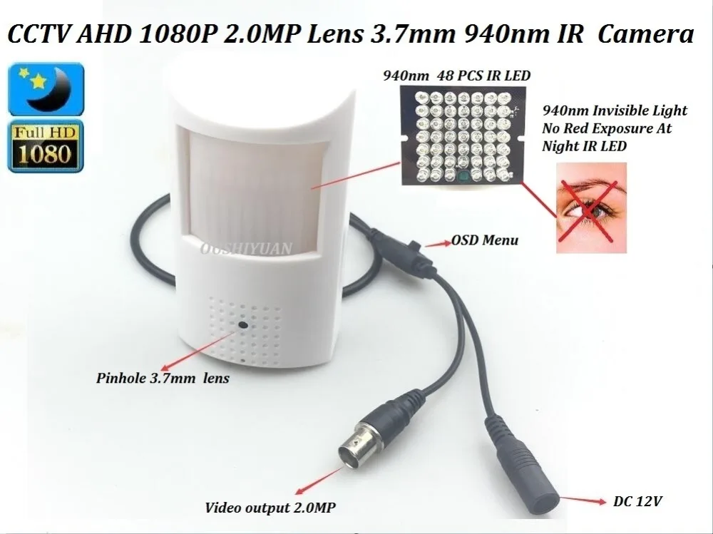 

CCTV HD-AHD 2.0MP 1080P Lens 3.7mm IR-Cut OSD Menu PIR Detecto Eye Invisible 940nm 48pcs LED IR AHD 1080P Camera