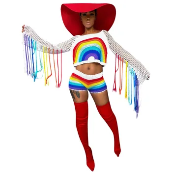 

Tassel Sexy Two Piece Set Women Clothes Rainbow Print Crop Top and Shorts Set Beach Club 2 Piece Outfits Women Summer Short Sets
