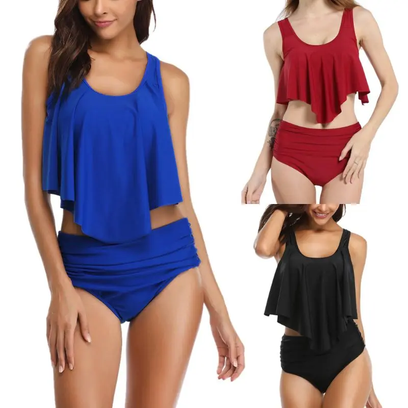 

Swimwear women Plus Size Two Piece Tankini Set Solid Color High Waisted Flounce Ruffles Strappy Bikini Pleated Tummy Control