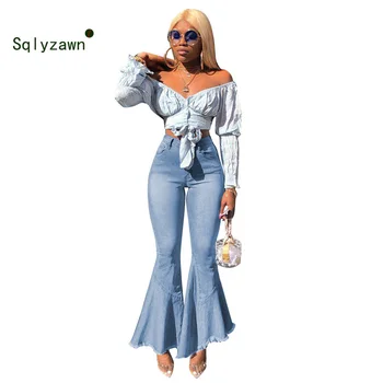 

Fashion Elegant High Waist Flare Jeans Women Bell Bottom Denim Office Ladies Skinny Jeans Retro Female Wide Leg Pants Trousers