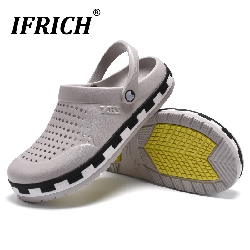

Summer Men Hole Shoes Fashion Outdoor Garden Sandals Size 40-44 Fretwork Men Flats Sandals Gray Dark Blue House Slippers