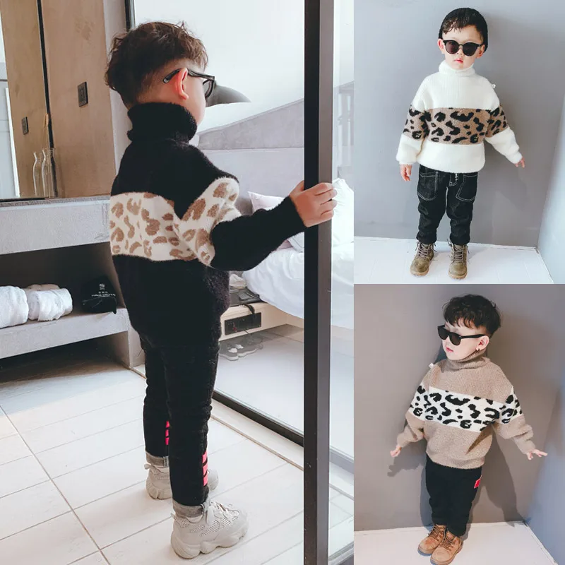 

Kids sweaters water velvet high collar leopard print head 2019 new Korean version of autumn and winter clothing bottoming shirt