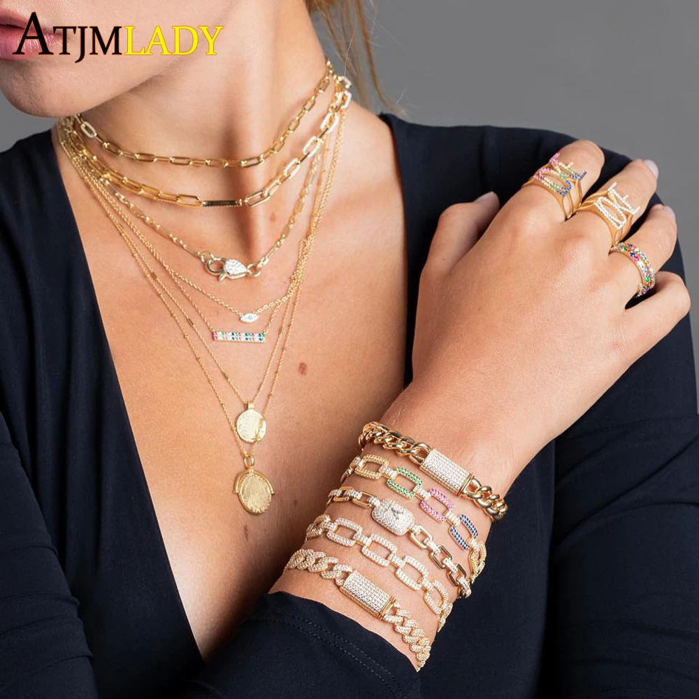 

2019 summer new square link chain iced out bling sparking cubic zirconia cz women gold filled 45cm Modern simple Chain Necklace