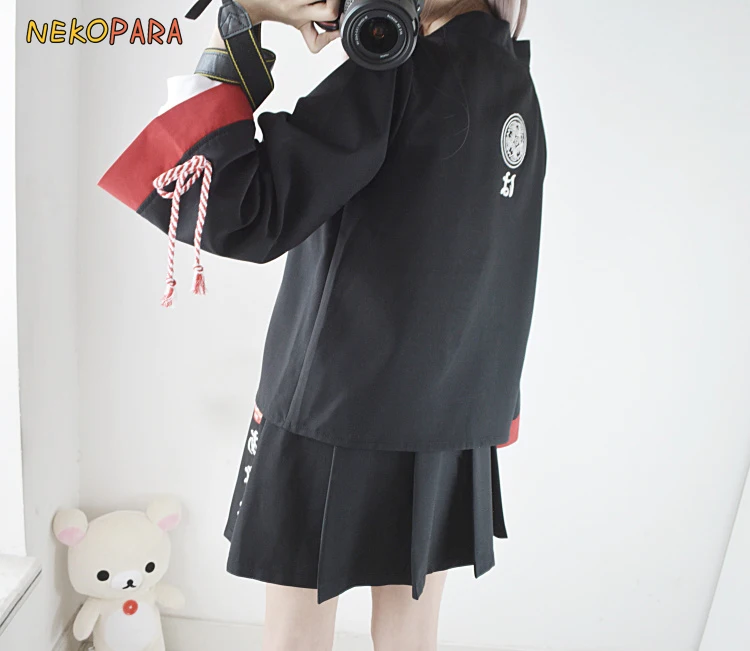 Summer Festivity Japanese Kimono Style 2pcs Women's Set Long Sleeve Trench Shirt& Pleated Skirt Color Black