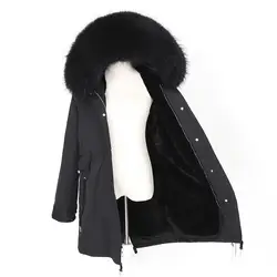 Для женщин длинная куртка зима 2018 Для женщин пальто с мехом из натурального меха енота капюшон Съемная парка femme армии цвета: зеленый, черный