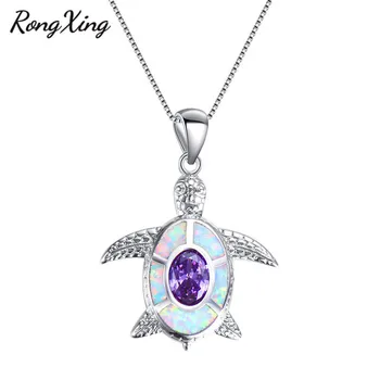 

RongXing Fashion Animal Choker Oval Zircon Purple Birthstone Necklace Silver Color White Fire Opal Turtle Pendants Gifts