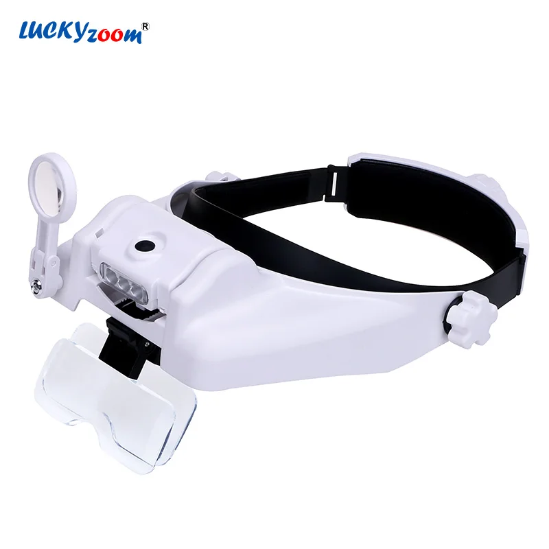 Luckyzoom Helmet Magnifying Glass 3 LED Illuminated Lamp Magnifier 6 Replaceable Lens Third Hand Read Repair Lupa Jewelry Loupe