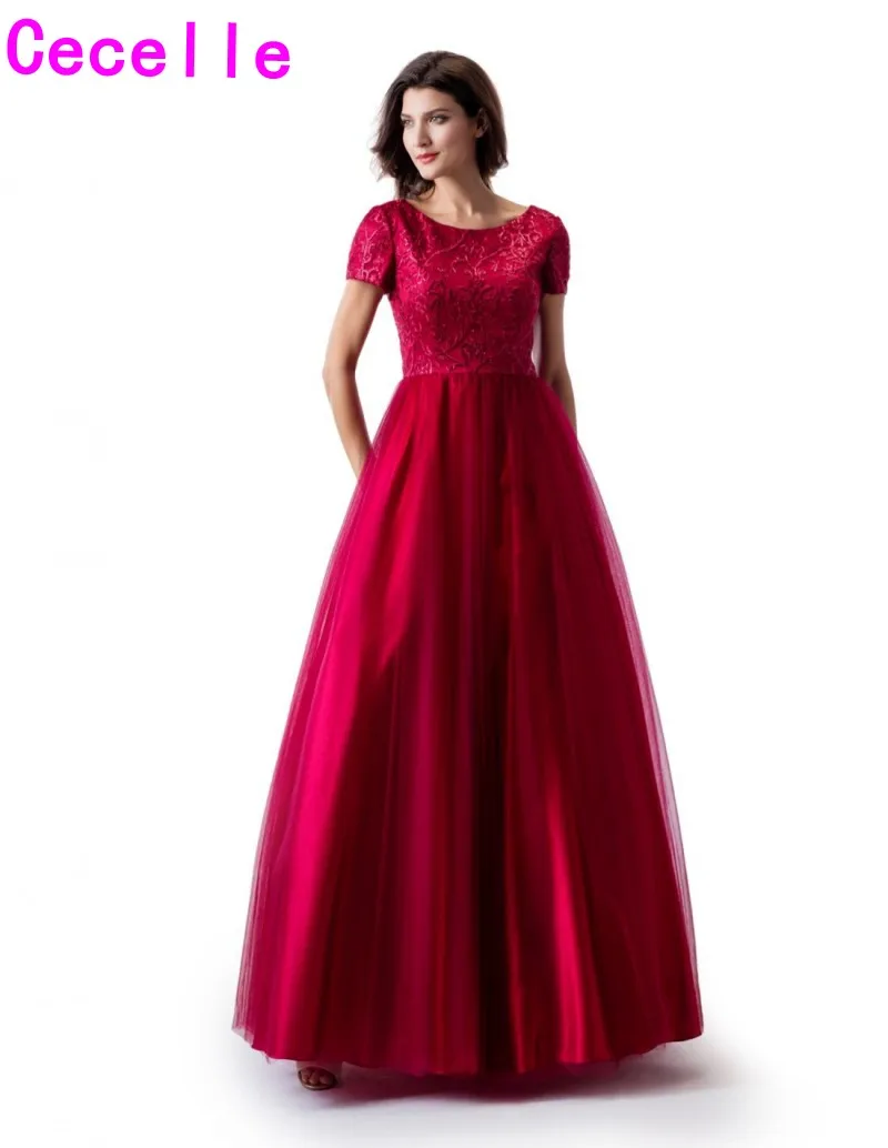 

2019 Dark Red LaceTulle Long Modest Prom Dress With Short Sleeves A-line Jewel Neck Simple Modest Prom Party Dress With Pockets