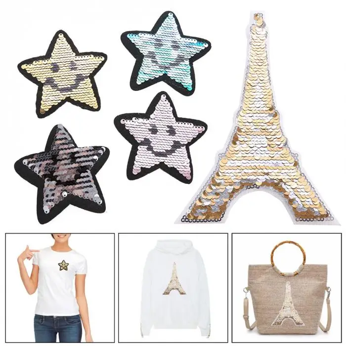 Lovely Change Color Sequins Patch Reversible Sew On Star Tower For Clothes DIY Clothing Coat Hogard JY24