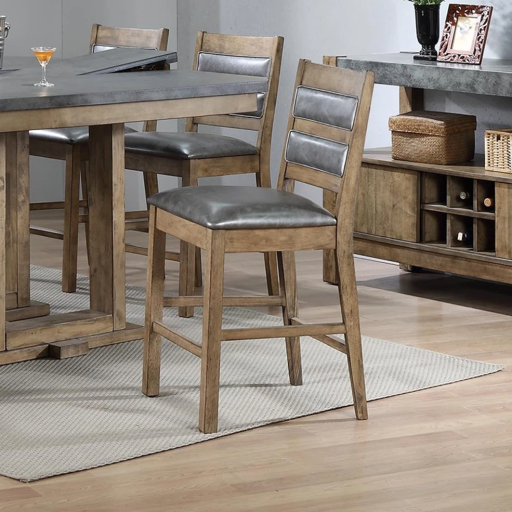 Designer Rubber Wood High Chairs With Foot Rest Set Of 2 Brown and Gray