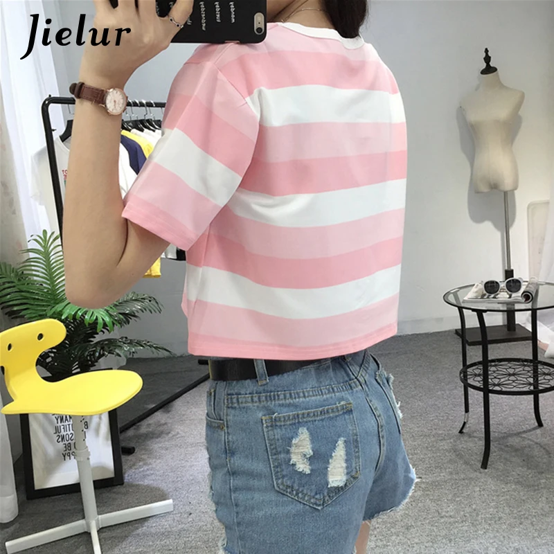 Jielur Summer Crop Top Short Sleeve Streetwear Fashion Pink Striped T Shirt Women O-neck S-XL Sexy Sweet Kpop 2019 T-shirt Femme Jielur Summer Crop Top Short Sleeve Streetwear Fashion Pink Striped T Shirt Women O-neck S-XL Sexy Sweet Kpop 2019 T-shirt Femme