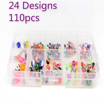 

Besta 110pcs Tattoo Body Piercing Jewelry Tongue Ring Belly Navel Ring Body Art Jewelry Tattoo Supply 24 Designs Mix
