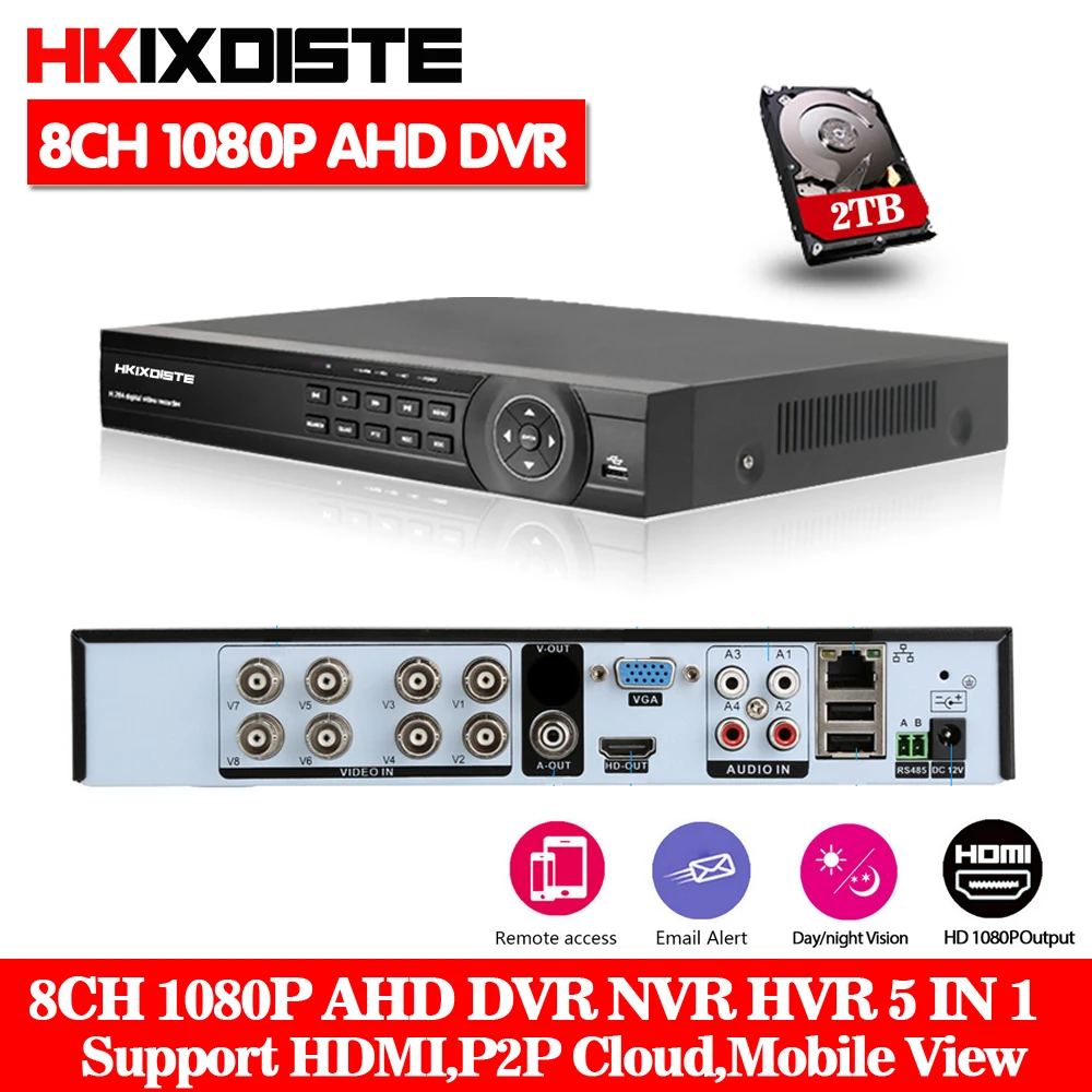 

HKIXDSTE 8CH 1080N AHD DVR NVR HD 1080P Video Recorder H.264 CCTV IP Camera Network 8 Channel 1 SATA Multilanguage With 2TB HDD