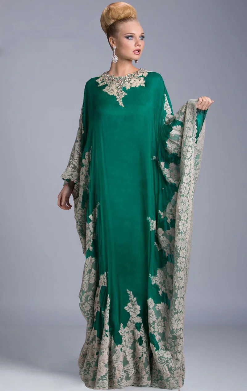 Grün Luxus Spitze Abaya Dubai Abendkleider Langarm Appliques Kaftan