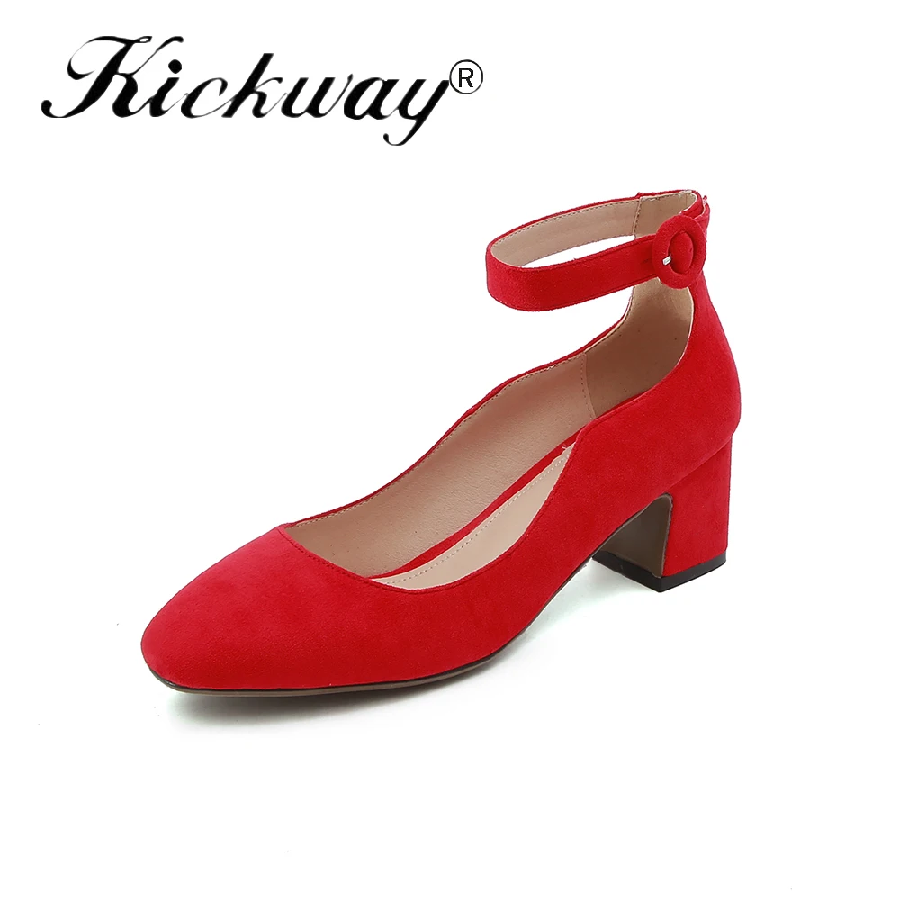 

Kickway Women Shoes Thick Med Heel Shoes Woman Square Toe Faux Suede Casual Party Shoes Red Pink Zapatos Mujer Plus Size 34-43