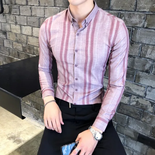Модная Осенняя рубашка, мужская рубашка наивысшего качества в полоску с длинными рукавами, мужские рубашки, приталенная повседневная мужская рубашка в полоску, мужская рубашка, платье - Цвет: Розовый