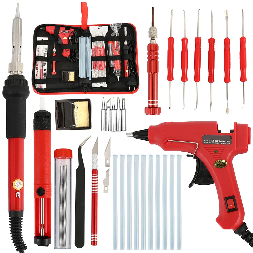 

60w EU/US 220v Electric Soldering Iron Kit Screwdriver Desoldering Pump Wire Pliers+Tool Bag Temperature Welding Glue Gun Repair