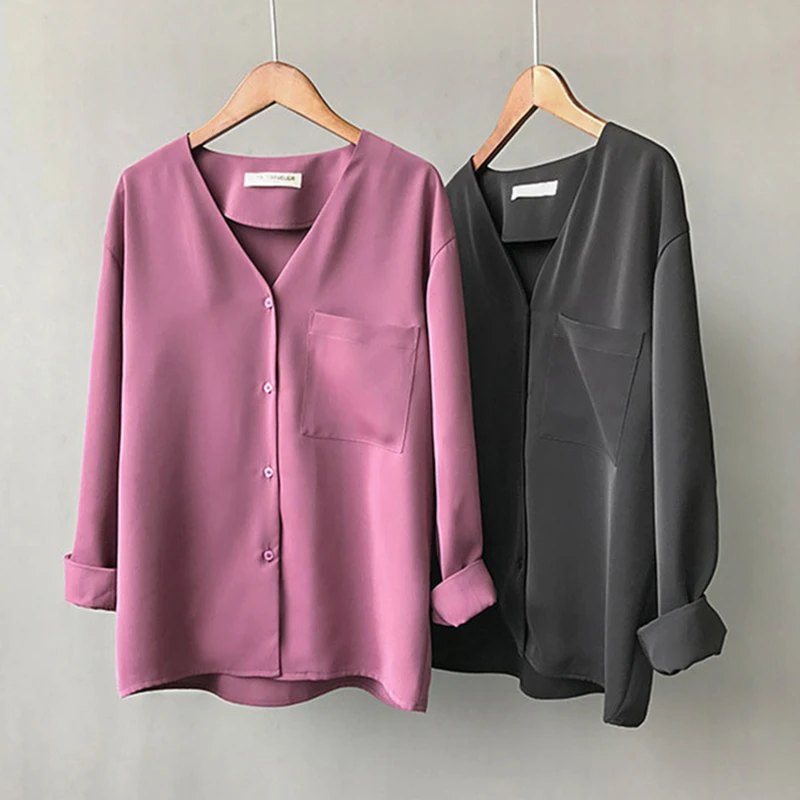 

New Chiffon Blouses Shirts Women Long Sleeve Purple Solid Minimalism V Neck Shirt Tops